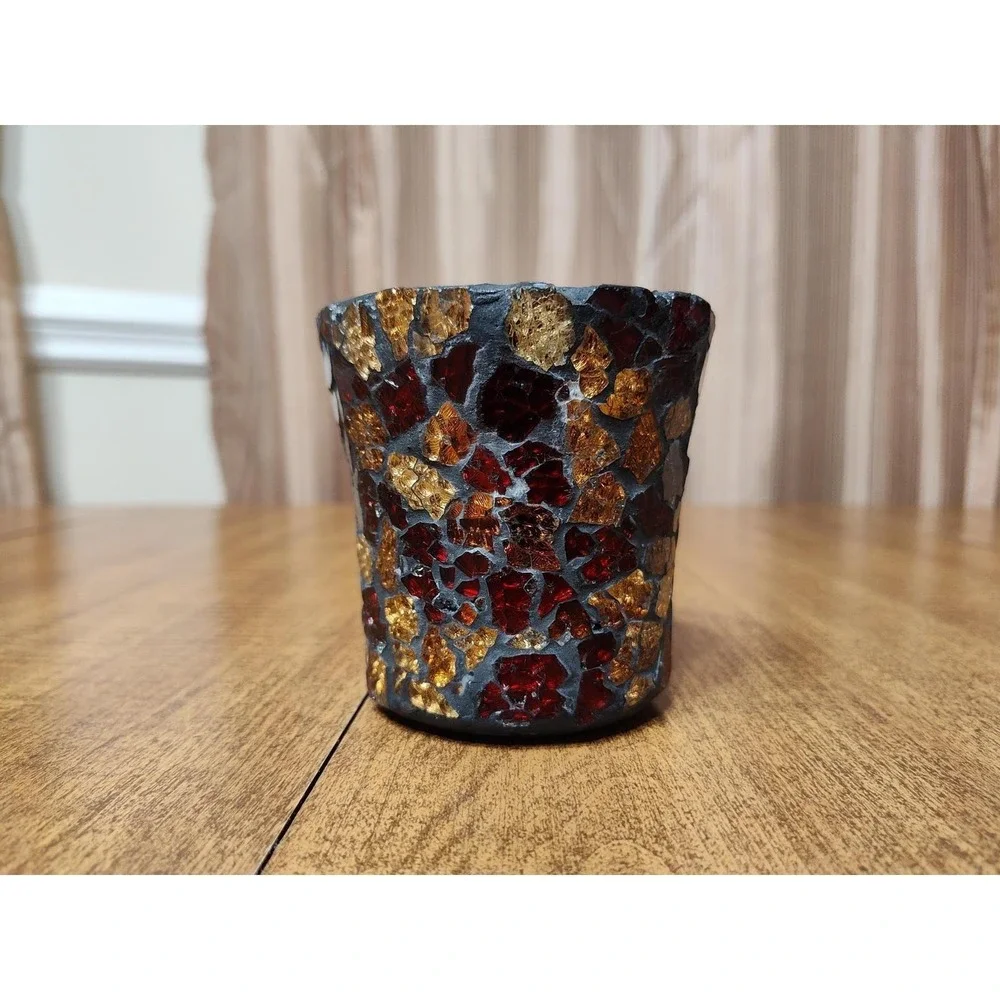 Handmade Pumpkin Spice Scented Candle In Vintage Mosaic Glass Vessel